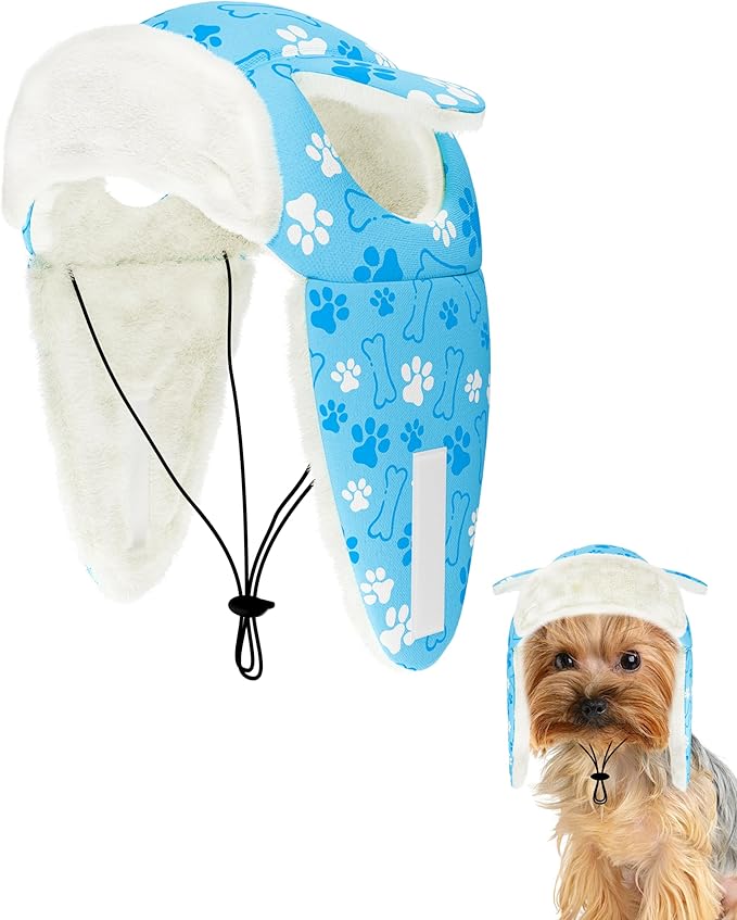 PET SHOW Dog Trapper Hat Winter Hat for Extra Small Dogs Cats Warm Fleece Aviator Hats with Ear Flaps Adjustable Outdoor Boy Puppy Pet Pilot Costume Cap XS-Blue Paw/with Ear Holes