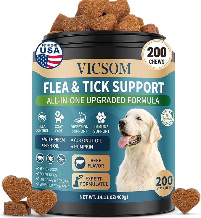Flea and Tick Prevention for Dogs Chewable, 200 Soft Treats Natural Oral Dog Flea and Tick Treatment Chews Support Dog Skin & Digestive Supplement for Dogs Puppies All Breeds & Ages, Beef Flavor