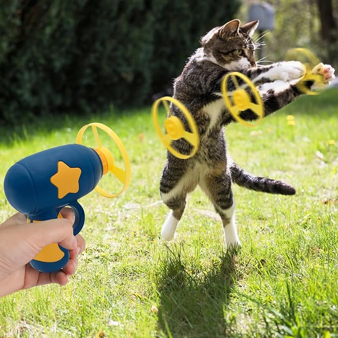 Andiker Cat Fetch Toy, Interactive Kitten Flying Disc Launcher Toy with 5 Colorful Flying Propellers for Cat Enrichment, Flying Saucer Toy for Cats for Training and Chasing (Blue)