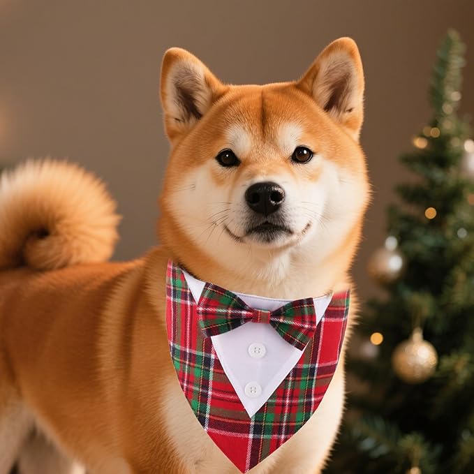 ADOGGYGO Christmas Dog Tuxedo Bandana, Red Green Plaid Pet Xmas Collar with Bow, Adjustable Christmas Costume for Medium Dogs (M)