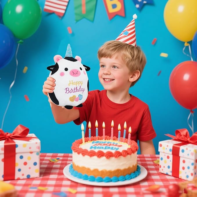 Cow Plush Toy 10 Inch Cute Cow Birthday Stuffed Animal Soft Cow Plushies Pillow Wear Unicorn Birthday Hat Kawaii Cartoon Doll Gifts for Kid Toddlers Home Room Decoration