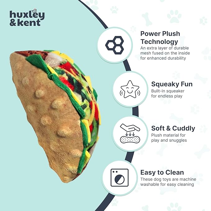 Huxley & Kent Funny Dog Toy w/Squeaker – Power Plush Squeaky Dog Toys for Small, Medium & Large Dogs – Soft Stuffed Animal for Indoor Play & Fetch - Taco Tuesday, Small