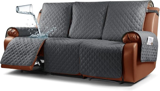 Ruaozz Waterproof Recliner Sofa Cover 1-Piece Couch Covers for Reclining Couches Reclining Sofa Cover Washable Furniture Protector with Elastic Straps Pocket for Kids, Pets (Dark Grey, 3 Seater)