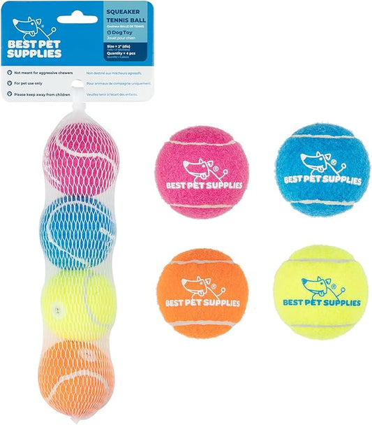 Best Pet Supplies Interactive Squeaky Dog Chew Toy, Ideal Dog Toys for Chewers, Small, Medium & Large Dogs, and Fetch Lovers - Tennis (Assorted Color), Small (Pack of 4)