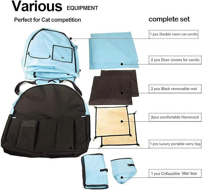 Mispace Portable Twin Compartment Show House Cat Cage/Condo - Easy to Fold & Carry Kennel - Comfy Puppy Home & Dog Travel Crate with Portable Carry Bag/Two Hammocks/Mats and Collapsible Litter Box