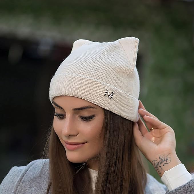 Cat Ear Beanie for Women Girls, Autumn Winter Knit Cuff Beanie Hip Hop Beanie Hat Cat Crochet Ski Cap