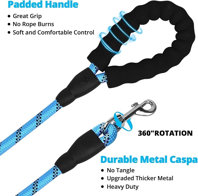 Long Dog Leash 20 FT: Heavy Duty Rope Leashes for Dogs Training with Swivel Lockable Hook Reflective Threads Bungee and Padded Handle - Dog Lead for Large Small Medium Dogs Outside Walking Hiking Blue