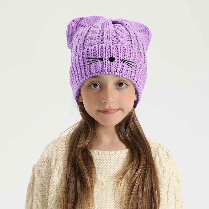 Kids Girls Cat Ear Hat Winter Warm Knit Beanie Cute Ski Skull Cap for Ages 7-12