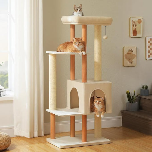PAWZ Road Large Cat Tree, 53 Inches Modern Wooden Cat Tower for Indoor Large Cats, Multi-Level Cat Condos with Long Scratching Posts and Natural Wood Posts-Beige
