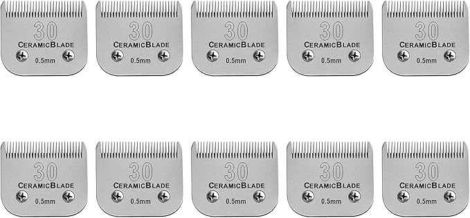 10 Pack Detachable Pet Dog Clipper Blades, Compatible with Andis Size 30 Cut Length 1/50"(0.5mm),Most Oster A5,Wahl KM10 Series Clippers,Made of Ceramic Blade & Stainless Steel Blade