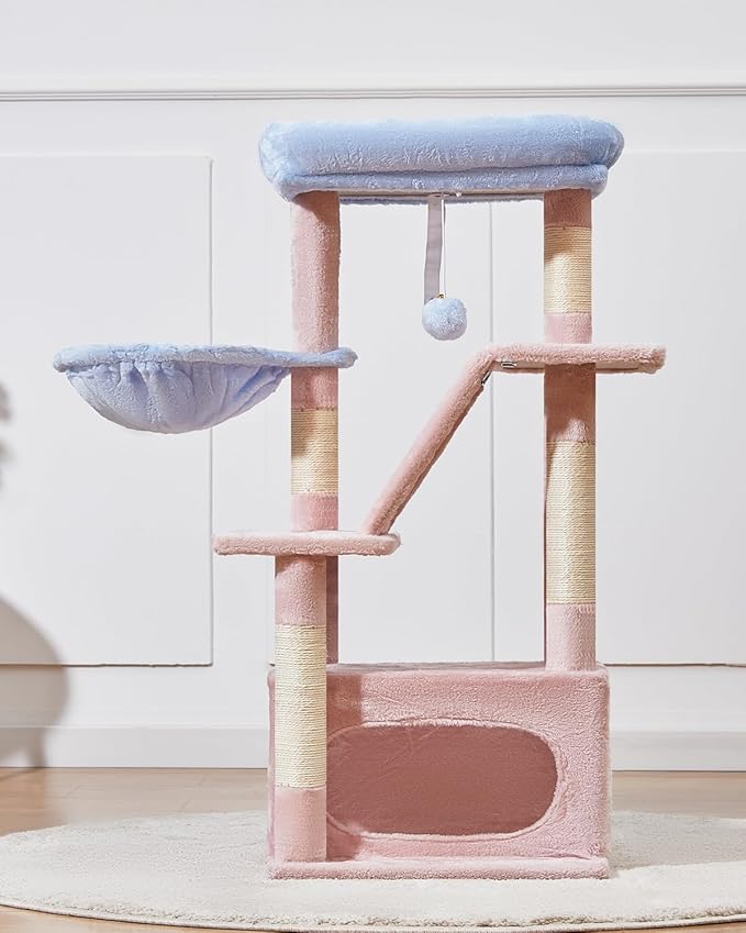 Taoqimiao Cat Tree,38.5-Inch Cat Tower for Indoor Cats,Suitable for Kittens with Luxurious cat condo with Adjustable Baskets and Luxurious Perch MS029SPB Pink and Blue