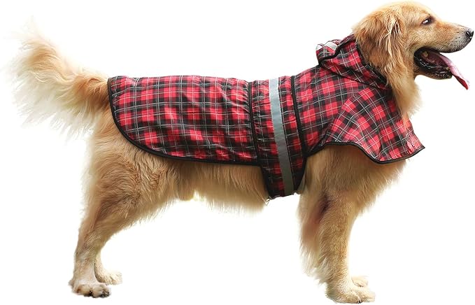 HDE Dog Raincoat Jacket Reflective Adjustable Hooded Pet Poncho Rain Coat with Leash Hole for Small to X-Large Dogs Plaid - XL