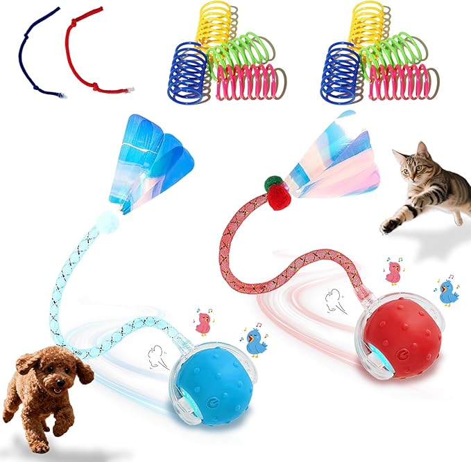 2-Pack Interactive Cat Toys Ball for indoor Cats＆Dog,Automatic Cat Toy with Elastic Mesh Tail,Rechargeable Rolling Kitten Toy,Include 8 Cat Spiral Spring,Cat Enrichment Toys for Indoor Cats(Red Blue)