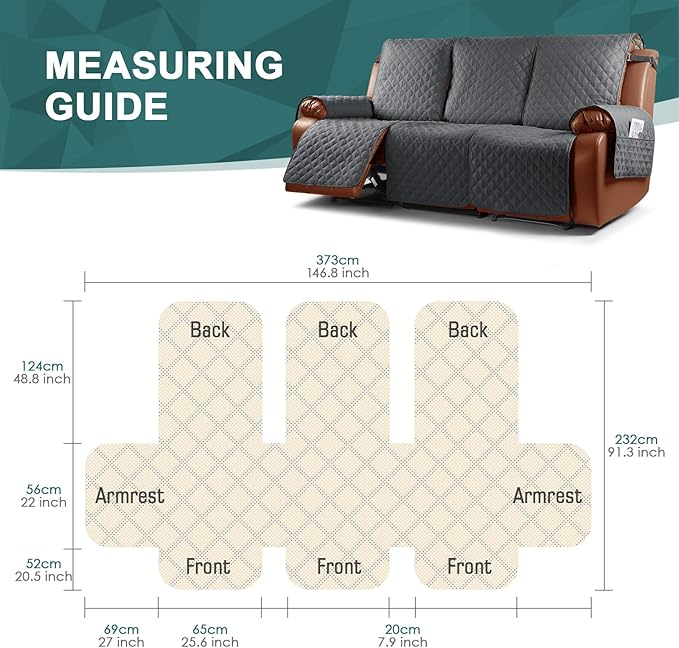 Ruaozz Waterproof Recliner Sofa Cover 1-Piece Couch Covers for Reclining Couches Reclining Sofa Cover Washable Furniture Protector with Elastic Straps Pocket for Kids, Pets (Dark Grey, 3 Seater)