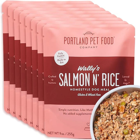 Portland Pet Food Company Fresh Dog Food Pouches Human-Grade Toppers Wet Pet Meal & Mix-Ins - Gluten-Free Limited Ingredient Wally’s Salmon N’ Rice - Large & Small Breed, Puppy to Senior - 8 Pack