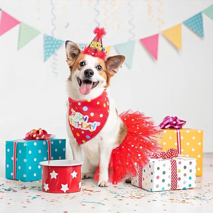 SCENEREAL Dog Birthday Bandana with Hat and Dress Girl Set, Puppy Birthday Party Supplies, Cute Tutu Skirt Red Outfit for Small Medium Large Dogs