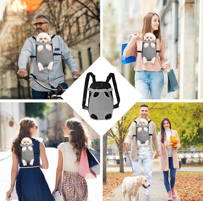 FEimaX Dog Carrier Backpack Pet Legs Out Front Cat Travel Bag, Adjustable Puppy Backpacks Carriers Hands-Free for Small Medium Dogs Cats Hiking Traveling Camping Daily Walking (Small, Grey)