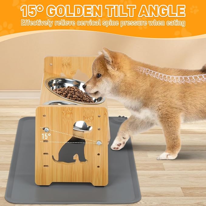 Elevated Small Dog and Cats Bowls, Adjustable Raised Dog Bowl Stand for Small Breeds and Cats,Stand with 2 Stainless Steel Bowls, Anti-Slip Silicone Pad. ﻿
