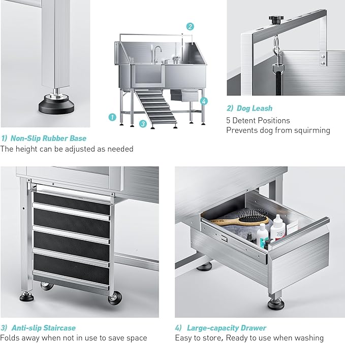 Professional 56" Dog Washing Station, 304 Stainless Steel Dog Bathing Station, Height Adjustable Dog Grooming Tub w/Ramp, Storage Drawer, Dog Bathtub for Large, Medium&Small Dogs (Left Ramp)