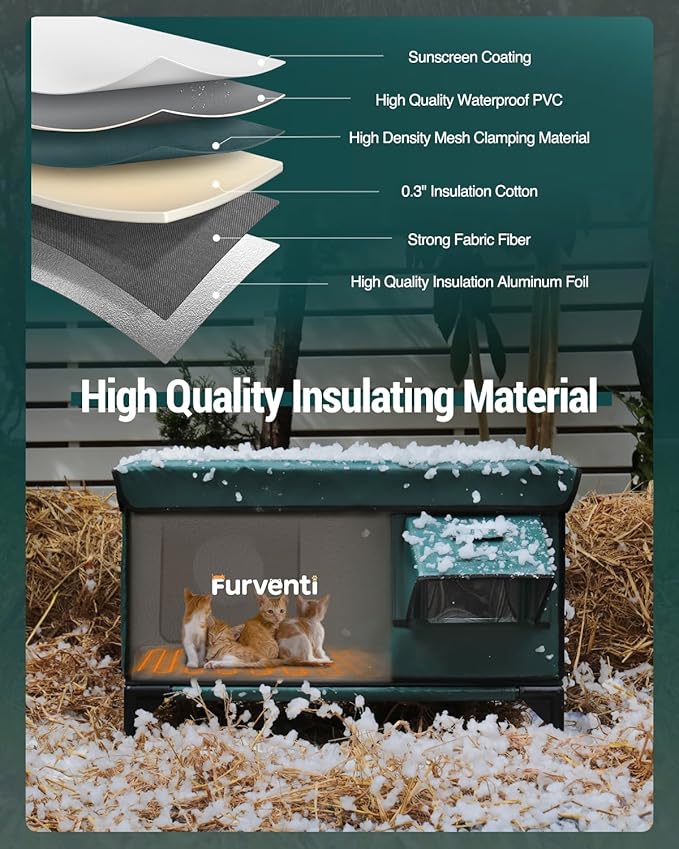 Heated Cat House for Outside,Dual Camera Mounts,100% Weatherproof & Extremely Insulated,Elevated Feral Cat Shelter with Escape Door,Waterproof Eaves for Outdoor Stray Barn Cat(Dark Green, XL)