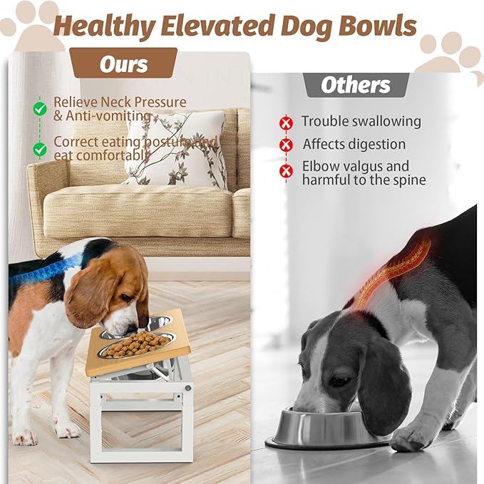 Dog Bowls Elevated, 4 Height & Angle Adjustable Raised Dog Bowl Stand, Elevated Dogs Bowl Stand For Medium Sized Pet, Sturdy Bamboo Dogs Feeding Station With 2x 48oz(6cup) Stainless Steel Dishes,White