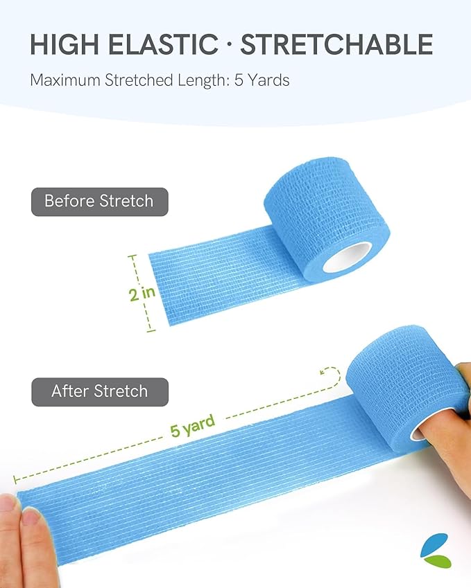 FriCARE Self Adhesive Bandage Wrap, Medical Tape in First Aid Kit, Cohesive Bandages for Wounds Sport Vet, FSA/HSA Eligible, 2 Inches X 5 Yards 6 Rolls, Fluorescent Blue