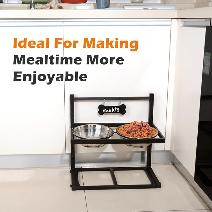 Elevated Dog Bowls with Slow Feeder Dog Bowls, 5 Height Adjustable Raised Bowl Stand with 2 Stainless Steel Food & Water Container, Pet Bowl Elevated for Medium Large Pet