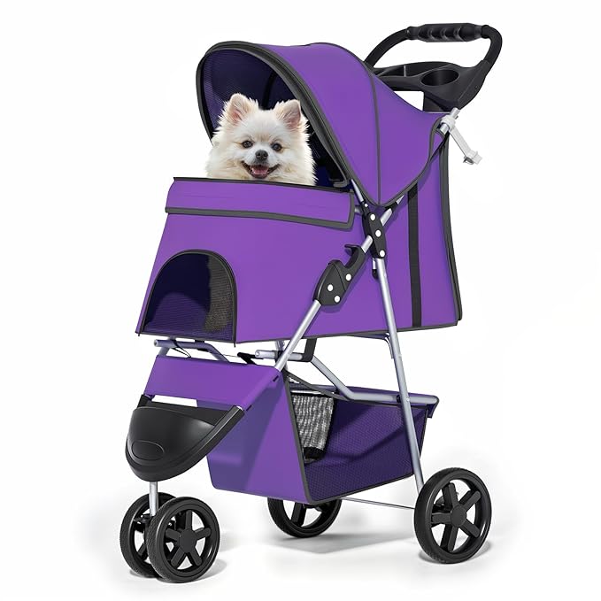 MoNiBloom 3 Wheels Pet Dog Cat Stroller for Small Medium Dogs Cats, Lightweight Foldable Jogger Stroller w/Storage Basket and Cup Holder, Purple