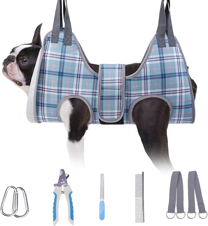 BEAUTYZOO Dog Grooming Hammock, Small Dog Sling for Nail Trimming, Dog Hanging Harness for Claw Care with Thick Fabric Neck Support Wide Strap Restraint Cat Grooming Hammock, Blue S