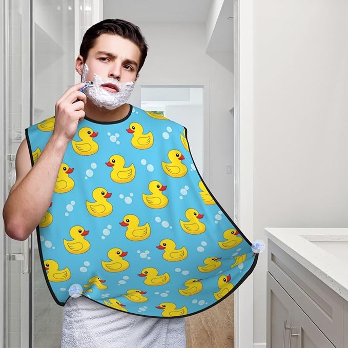 Adjustable Non-Stick Beard Apron, Hair Catcher Cape for Shaving Grooming, Waterproof with Suction Cups Men, Yellow Rubber Ducks Soap Bubbles Blue Shave Bib