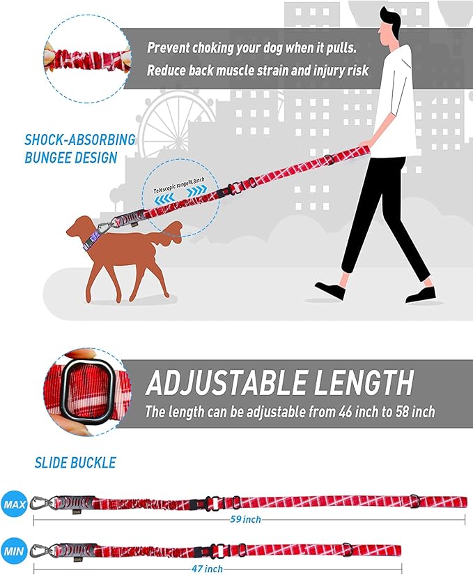 Hotsky Tactical Dog Leash Heavy Duty for Medium Large Dogs That Pull,4-6Ft Strong Bungee Shock Absorbing No Pull Dog Leash with Padded Double Handle and Car Seatbelt,Redplaid