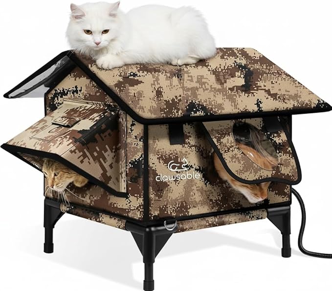 Indestructible Gable Roof Heated Cat House for Outside Winter, 100% Waterproof, Safe Escape Door, Insulated Outdoor Cat Shelter with Heater for Feral Barn Cat Kitty (Desert Camouflage, 16"x16"x19")