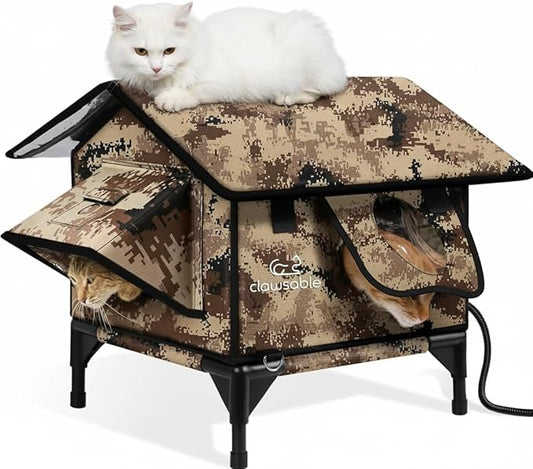 Indestructible Gable Roof Heated Cat House for Outside Winter, 100% Waterproof, Safe Escape Door, Insulated Outdoor Cat Shelter with Heater for Feral Barn Cat Kitty (Desert Camouflage, 16"x16"x19")
