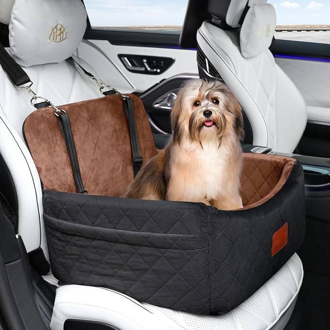 Dog Car Seat for Small Dogs Under 30lbs,Ultra Soft Fabric & Memory Foam Pet Travel Car Bed,Washable & Detachable,Anti-Slip Bottom,2 Storage Pockets and Safety Tethers(Black/Brown)