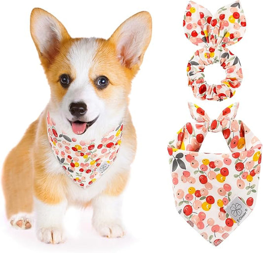 E-Clover Pink Floral Dog Bandanas & Matching Scrunchie Set Cute Dog Scarf Bibs Pet Bandana with Bow Tie for Medium Large Dogs Owner Mom Spring Summer