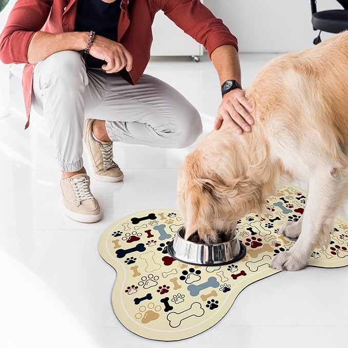 Dog & Cat Food Mat Bone Shaped Pet Feeding Mat Quick Absorb Water Bowl Placemat with Rubber Backing Indoor Floor Stain Resistant Pet Accessory Supplies (Beige, 12x24 Inches)