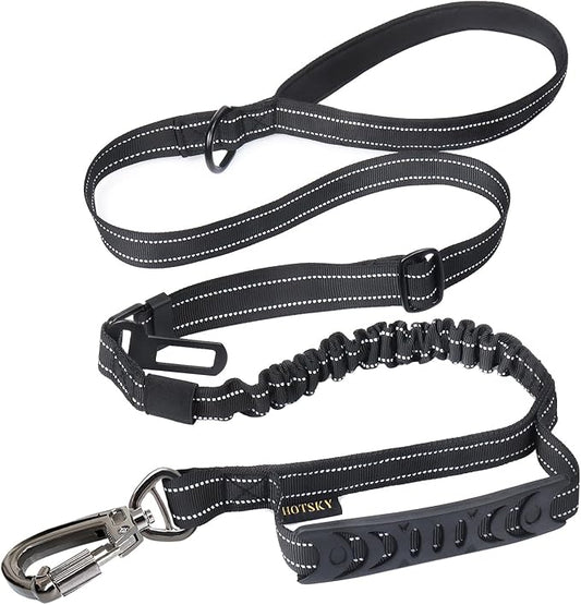 Hotsky Tactical Dog Leash Heavy Duty for Medium Large Dogs That Pull,4-6Ft Strong Bungee Shock Absorbing No Pull Dog Leash with Padded Double Handle and Car Seatbelt,Reflective Black