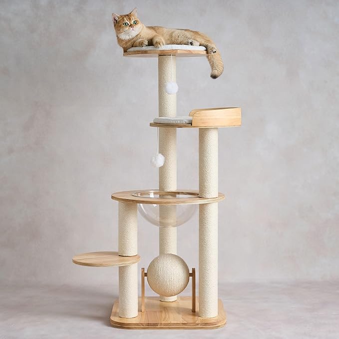 797Audio Modern Solid Wood Cat Tree Tower, 49" Tall Cat Tree with Sisal Scratching Posts and Capsule for Large Cats, Natural Oak Wooden Cat Tower,Aesthetic Multi-Level Cat Climbing Tree for Indoor Cat