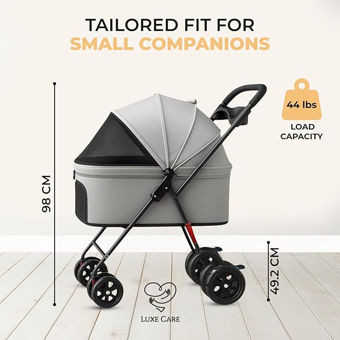 4 Wheel Foldable Pet Stroller - Lightweight Dogs and Cats Stroller Upto 44lbs with Mesh Canopy, Storage Basket and Cup Holder, Durable for Walks and Outings (Small)