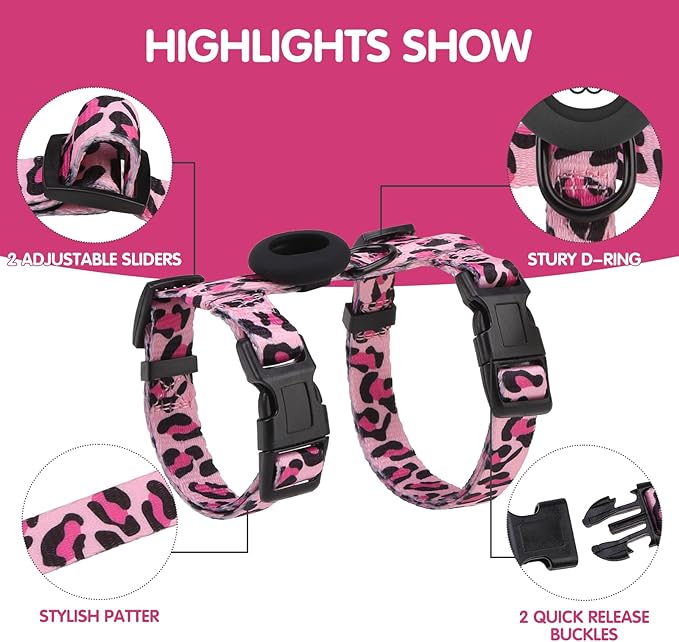 BINGPET Cat Harness and Leash Set Escape Proof for Walking,Adjustable Kitten Harness with Airtag Holder for Small Medium Large Cats (Pink Leopard Print,Neck:8"-12",Chest:12.5"-18")