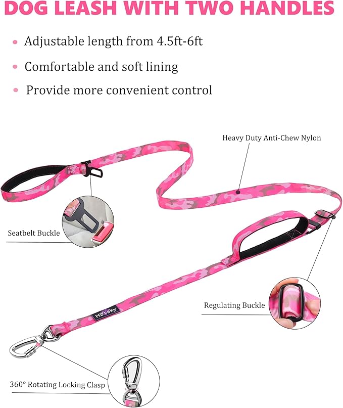 Hotsky Heavy Duty Dog Leash,4.5-6 FT Adjustable Durable Nylon Seatbelt Lead with Two Padded Traffic Handle and Carabiner for Large Medium and Small Breed Dogs,Pink Camo