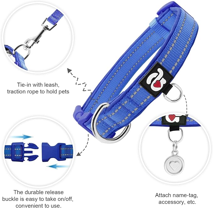 azuza Reflective Dog Collar with Airtag Holder, Soft Neoprene Padded Pet Collar with ID Tag Ring, Adjustable for Large Dogs,Royal Blue,L