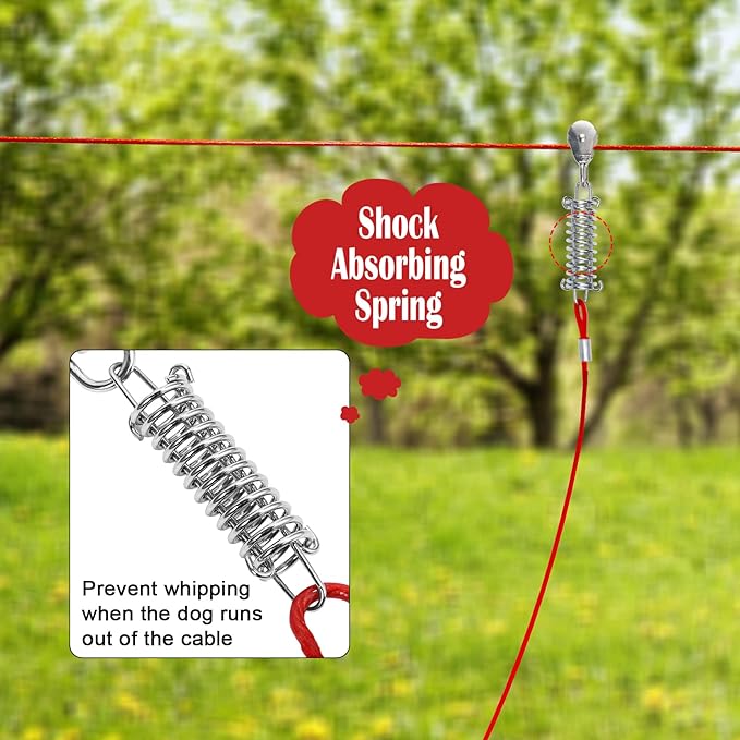 100FT Dog Runner for Yard with 15FT Tie Out Cable - Heavy Duty Trolley System for Large Dogs Up to 250LBS, Backyard/Park/Camping Use (Red, 100FT+15FT)