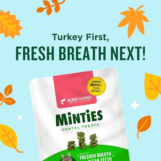 Minties Dental Treats for Cats, Salmon Flavored Treats for Cats, Freshens Breath and Controls Tartar, 30oz (12 2.5oz Bags)