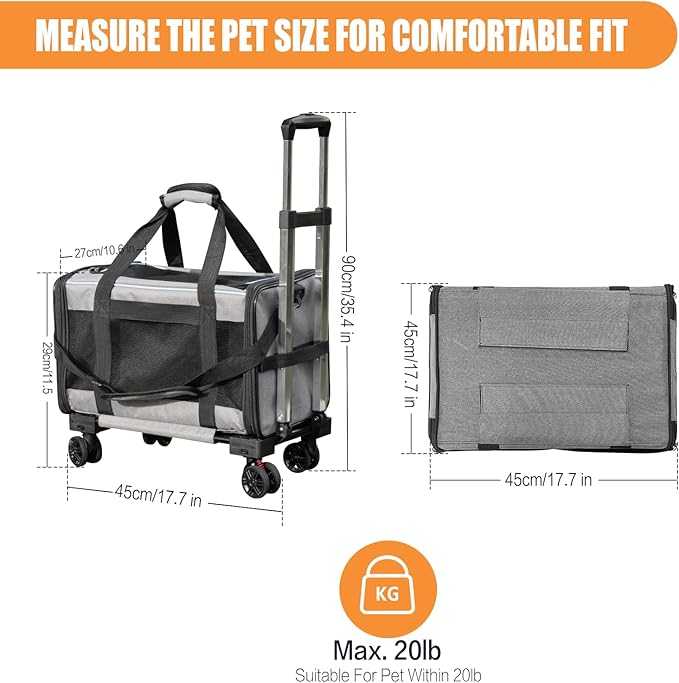 Pet Carrier with Wheels - Soft-Side Wheeled Cat Carrier for Dogs with Telescopic Handle, Collapsible Rolling Pet Travel Bag Carrier for Large Cats Small Medium Dogs for Camping Vet Visiting Grey