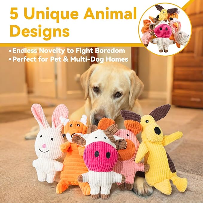 Squeaky Plush Dog Toys: 5 Pack Tough Stuffed Toys - Chew Teething Crinkle Boredom Relief for Puppy Small Medium Large Breed Dogs - Christmas Birthday Gift