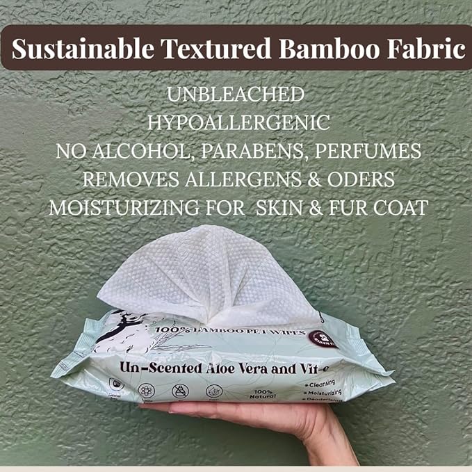 XL Organic Unscented Pet Wipes - Paws Body Butt - Plant Based Bamboo Pet Wipes - Thick Hypoallergenic & Textured for Cleansing & Gentle Hydrating Cat & Puppy Dog Wipes for Travel