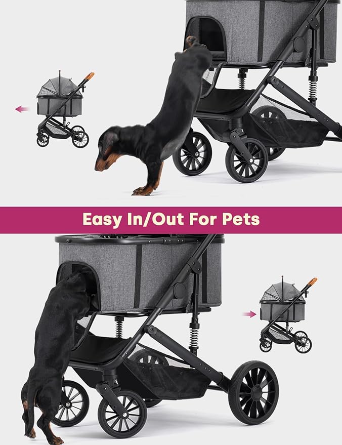 Dog Stroller for Small Medium Dogs Up to 60lbs, 4 Wheels Folding Pet Stroller with Detachable Carrier, Pet Travel Carrier for 2 Dogs & Cats, Storage Basket, Breathable, Grey