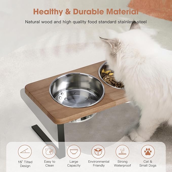 Elevated Cat Bowls, 15° Tilted Raised Cat Food Bowls Wood Pet with Stand Anti Vomiting 2 Stainless Steel for Cats and Puppy