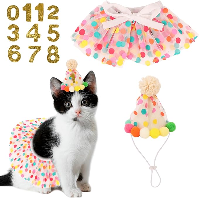 PTDECOR Cat Birthday Party Supplies, Hat with Numbers and Colourful Dots Tulle Tutu Bib Bandana Pet Decorations for Cat Kitten Birthday Outfits